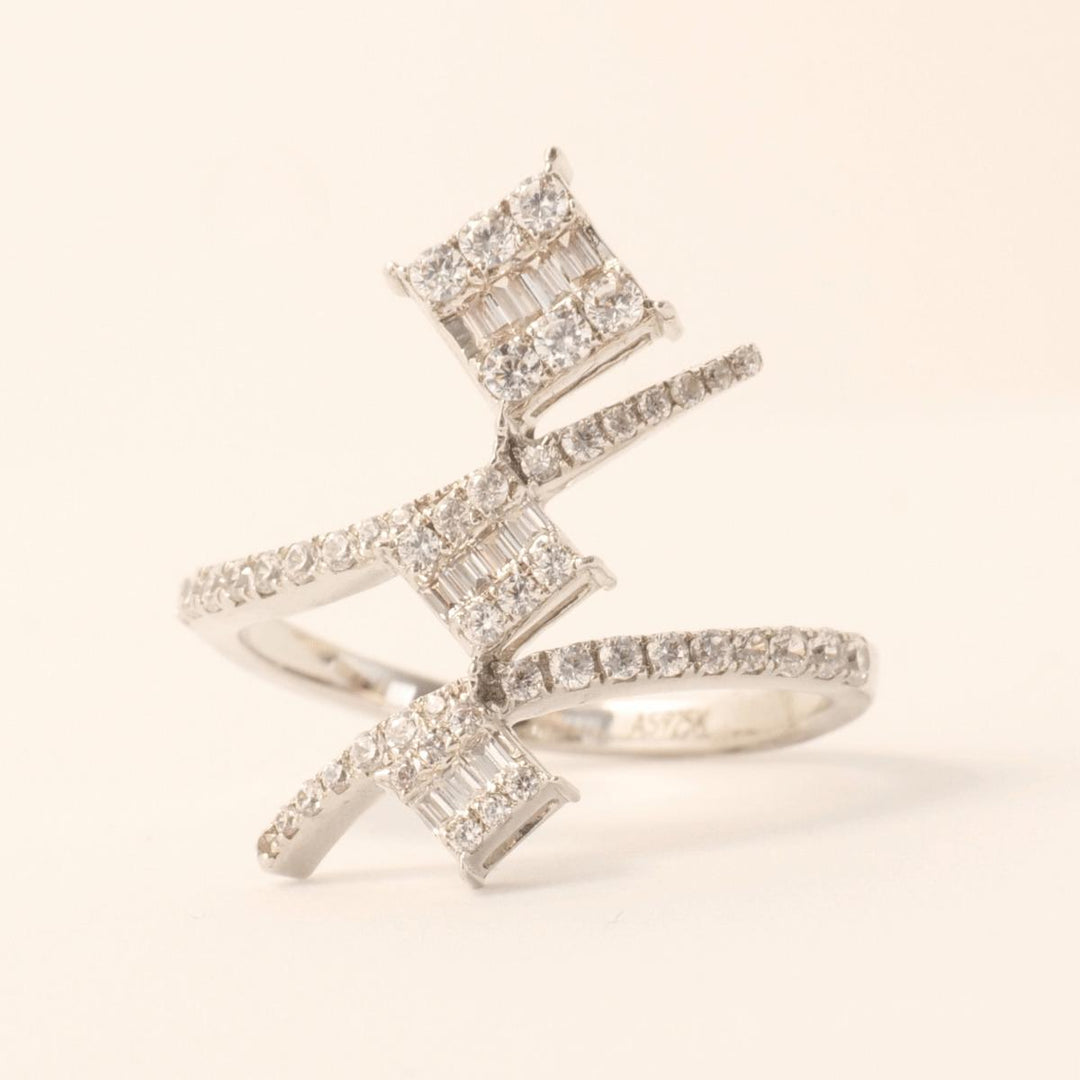 Cocktail Diamond Crossover Ring, 14k Solid Gold, Illusion Statement Ring, Round and Baguette Natural Diamonds, Gift For Her