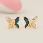 Load image into Gallery viewer, Kids Butterfly Diamond Earrings, Green Enamel Studs, 14k Solid Gold, Natural Diamonds, Gift for toddlers/girls/kids, Ready To Ship