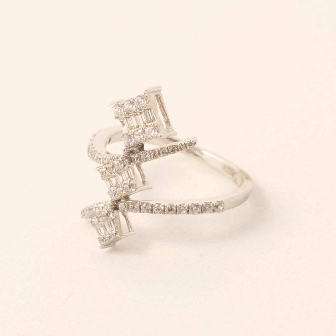 Cocktail Diamond Crossover Ring, 14k Solid Gold, Illusion Statement Ring, Round and Baguette Natural Diamonds, Gift For Her