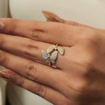 Load image into Gallery viewer, Butterfly Diamond Wrap Ring, 14K Solid Gold, Dual Color Statement Ring, Baguettes & Round Natural Diamonds, Ready To Ship