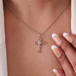 Load image into Gallery viewer, Floral Cross Diamond Pendant, 14k Solid Gold, Natural Diamonds, IGI Certified, Religious Adjustable Necklace, Everyday Jewelry, Gift for Her