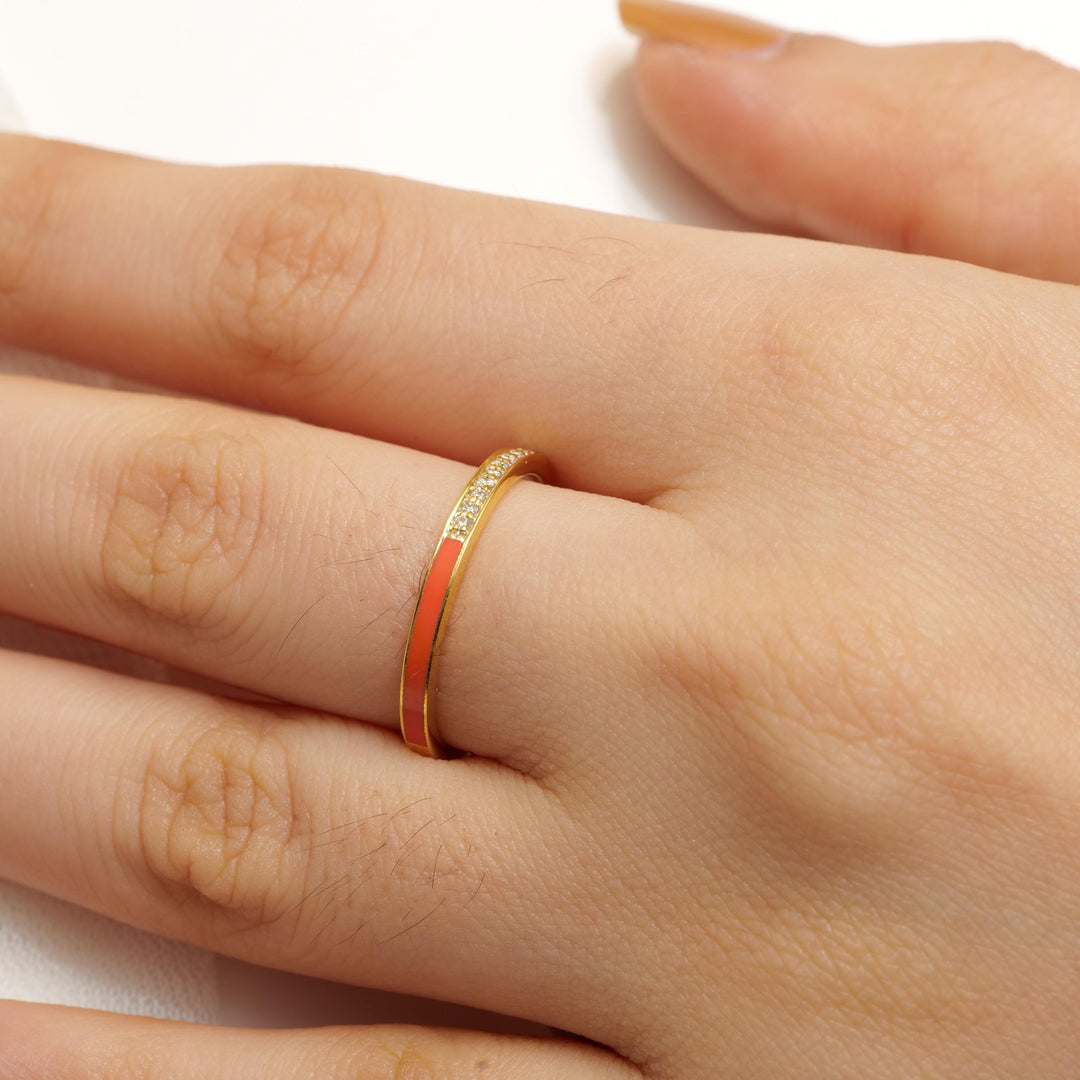 Enamel Diamond Band Ring, 18k Solid Gold, Natural Diamonds, Minimalist Stackable Ring, Everyday Jewelry, Ready To Ship