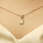 Load image into Gallery viewer, Baguette & Round Pendant Necklace, 14k Solid Gold, Rectangular Illusion and Halo Setting, Natural Diamonds, Ready To Ship, Women's Day Gift