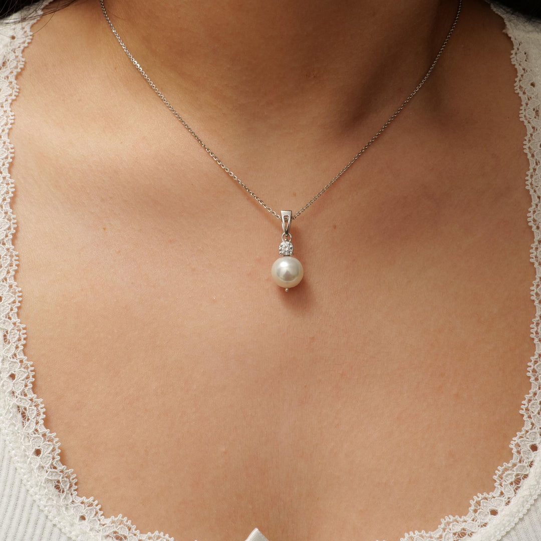 Pearl Diamond Pendant Necklace, 14k Solid Gold,  Natural Diamonds, Gemstones Solitaire Jewelry, Minimalist Stacking Pendant, Bridal Necklace