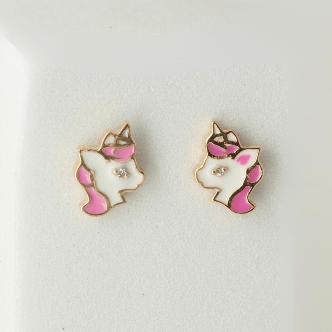 Unicorn Diamond Stud Earrings, 14k Solid Gold, Natural Diamond, Pink Enamel Everyday Earring, Gift For Toddler/Kids/Girls, Ready To Ship