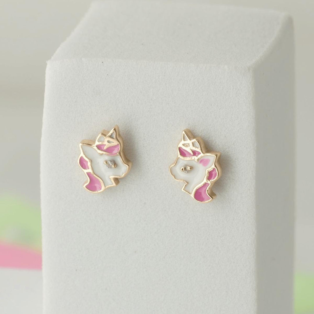 Unicorn Diamond Stud Earrings, 14k Solid Gold, Natural Diamond, Pink Enamel Everyday Earring, Gift For Toddler/Kids/Girls, Ready To Ship