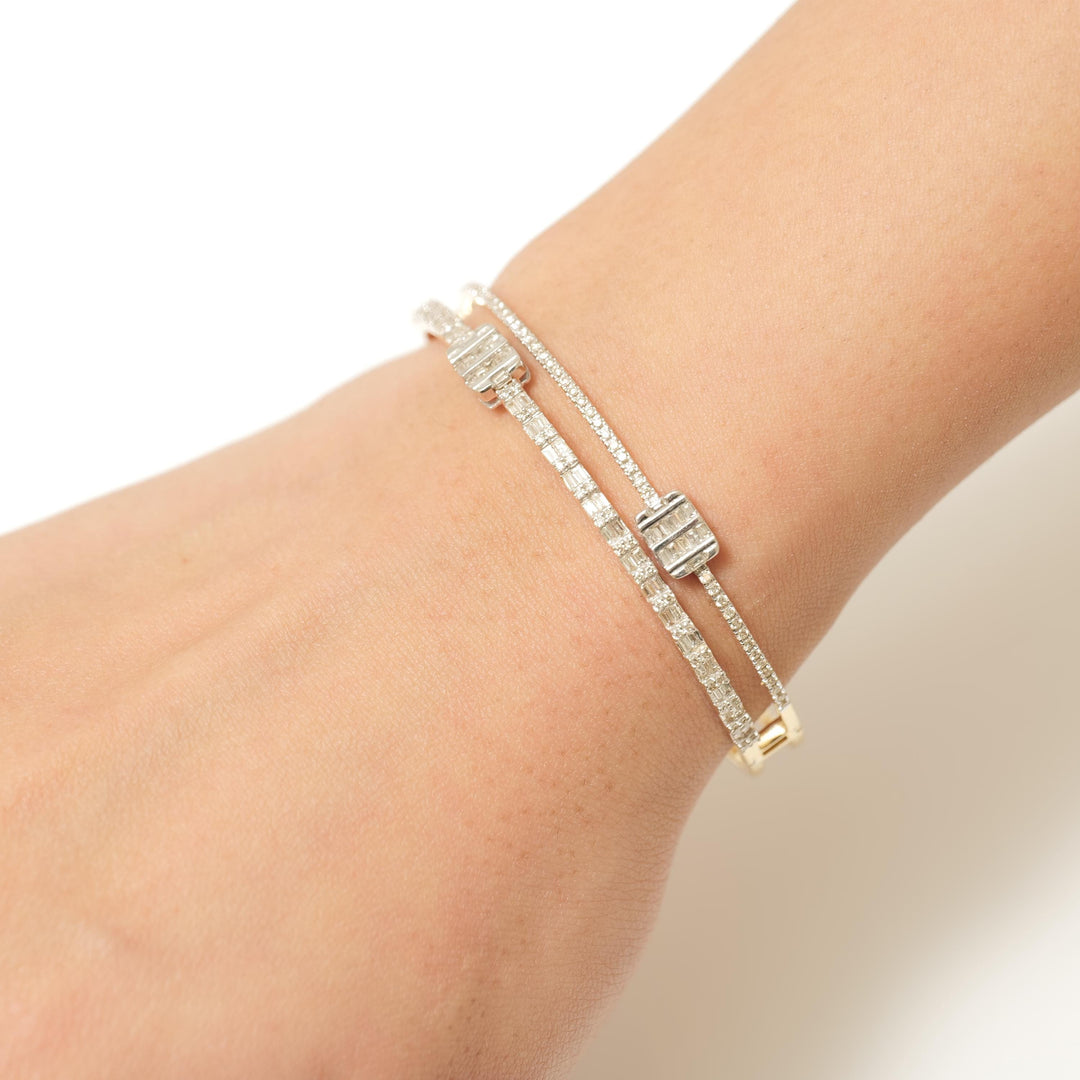 Baguette & Round Diamond Cuff Bracelet, 14k Solid Gold, Natural Diamonds, Cluster Illusion Bracelet, Statement Jewelry, Stackable Bangle