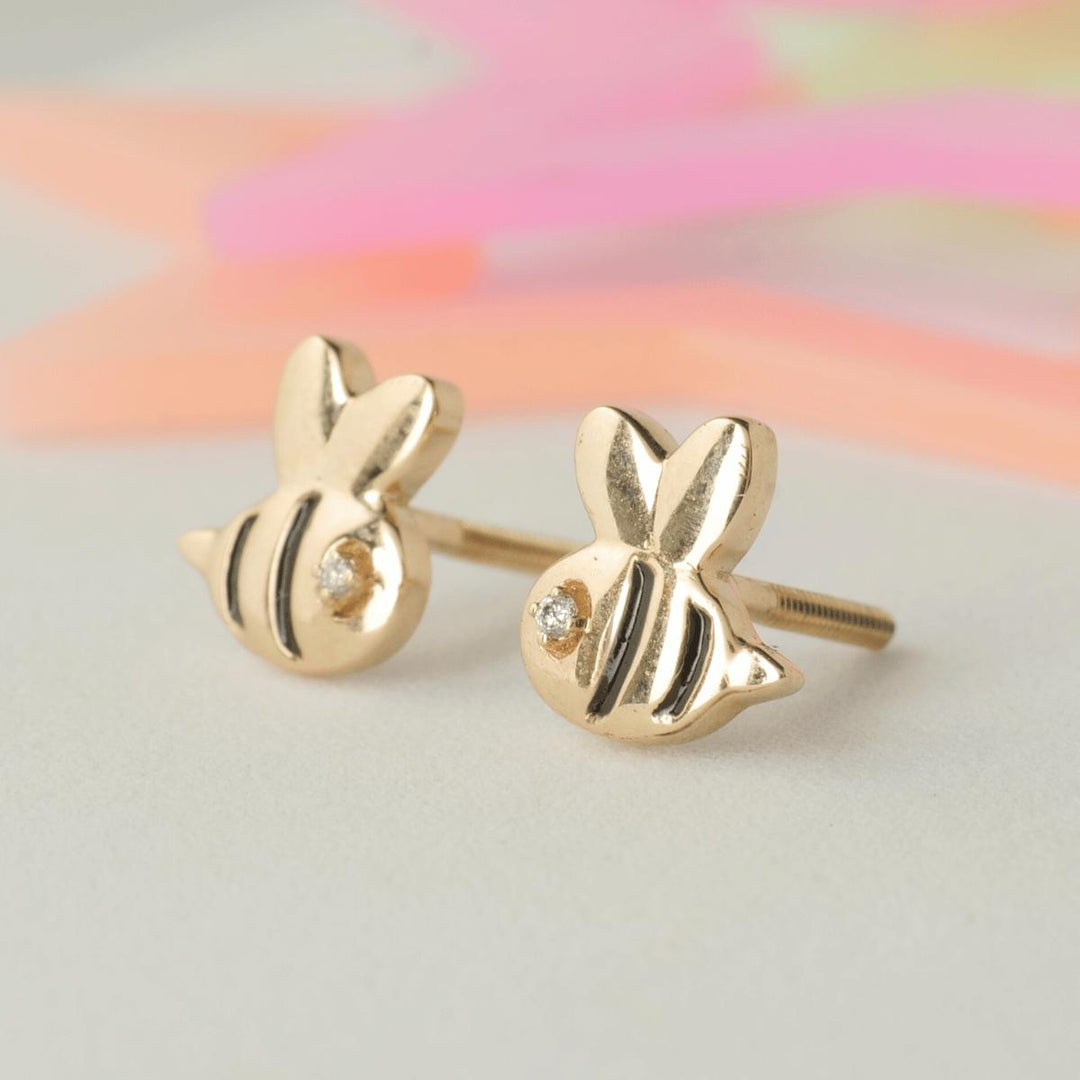 Bee Diamond Stud Earrings, 14k Solid Gold, Natural Diamond, Kids Jewelry, Enamel Everyday Earring, Gift For Toddler, Kids And Girls