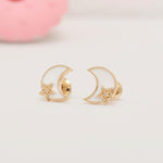 Load image into Gallery viewer, Moon and Star Diamond Kids Earrings, 14k Solid Gold, Natural Diamond, Minimalist Celestial Enamel Jewelry, Gift for toddlers, girls, and kid