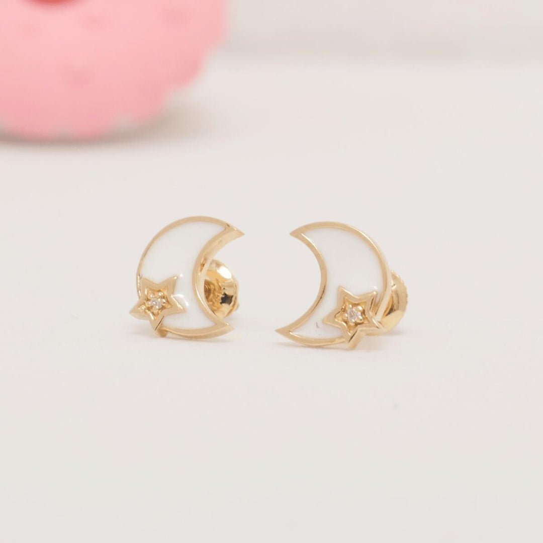 Moon and Star Diamond Kids Earrings, 14k Solid Gold, Natural Diamond, Minimalist Celestial Enamel Jewelry, Gift for toddlers, girls, and kid