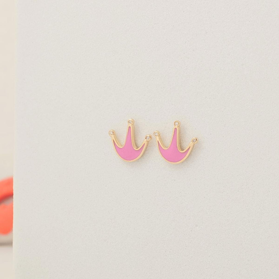 Crown Diamond Kids Stud Earrings, 14k Solid Gold, Natural Diamonds, Minimalist Pink Enamel Jewelry, Gift for toddlers/girls, Ready To Ship