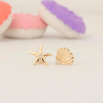Load image into Gallery viewer, Starfish and Seashell Diamond Kids Earrings, 14k Solid Gold, Natural Diamond, Mismatched Everyday Studs, Gift for toddlers, girls and kids