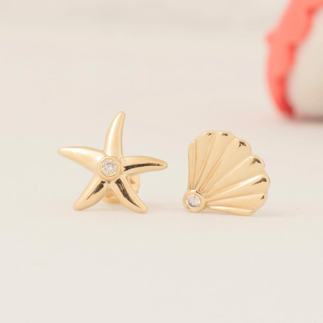 Starfish and Seashell Diamond Kids Earrings, 14k Solid Gold, Natural Diamond, Mismatched Everyday Studs, Gift for toddlers, girls and kids
