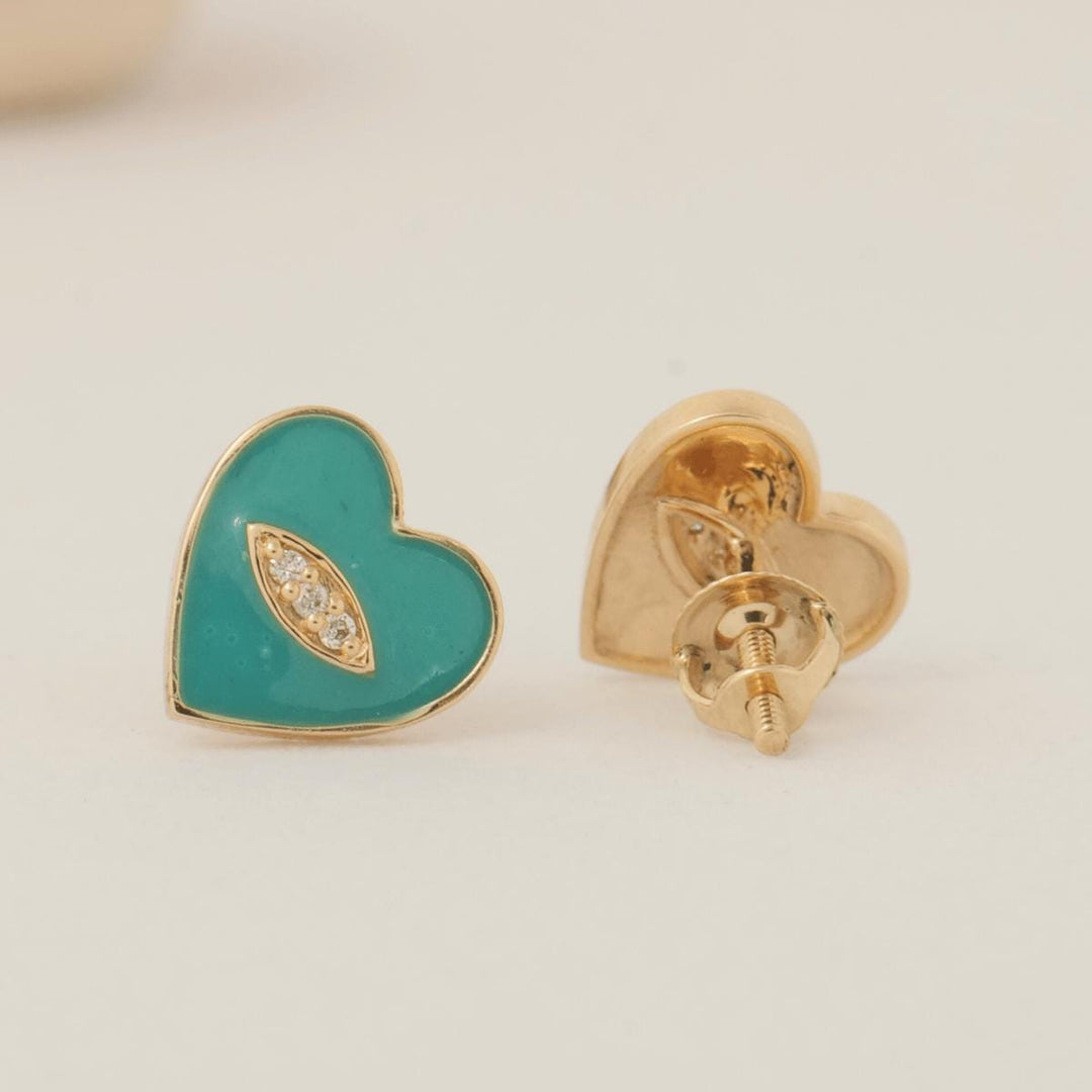 Kids Heart Earrings, 14k Solid Gold, Natural Diamonds, Enamel Studs, Kids Everyday Jewelry, Gift for toddlers/girls, Ready To Ship