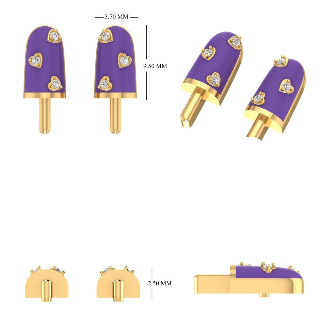 Kids Popsicle Diamond Earrings, 14k Solid Gold, Natural Diamonds, Enamel Studs, Gift for toddler, girl and kid, Ready To Ship, HRD Certified