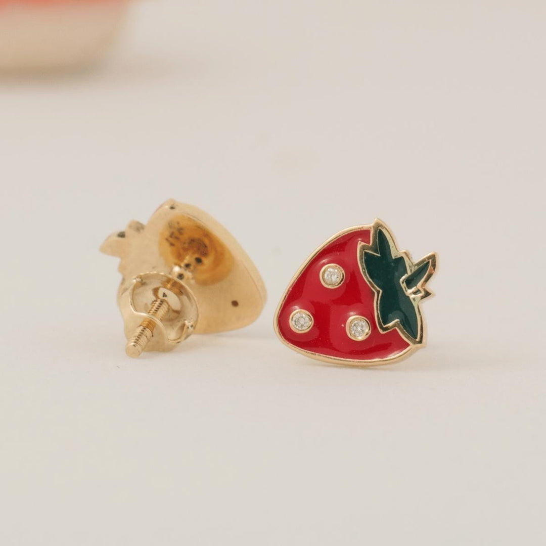 Strawberry Diamond Kids Studs, 14k Solid Gold, Natural Diamond, Enamel Fruit Earrings, Everyday Jewelry, Gift for toddlers, girls and kids