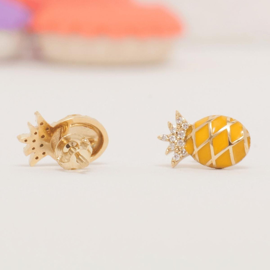 Kids Pineapple Diamond Earrings, 14k Solid Gold, Natural Diamonds, Enamel Fruit Stud, Gift for toddler/girls, Ready To Ship, HRD Certified