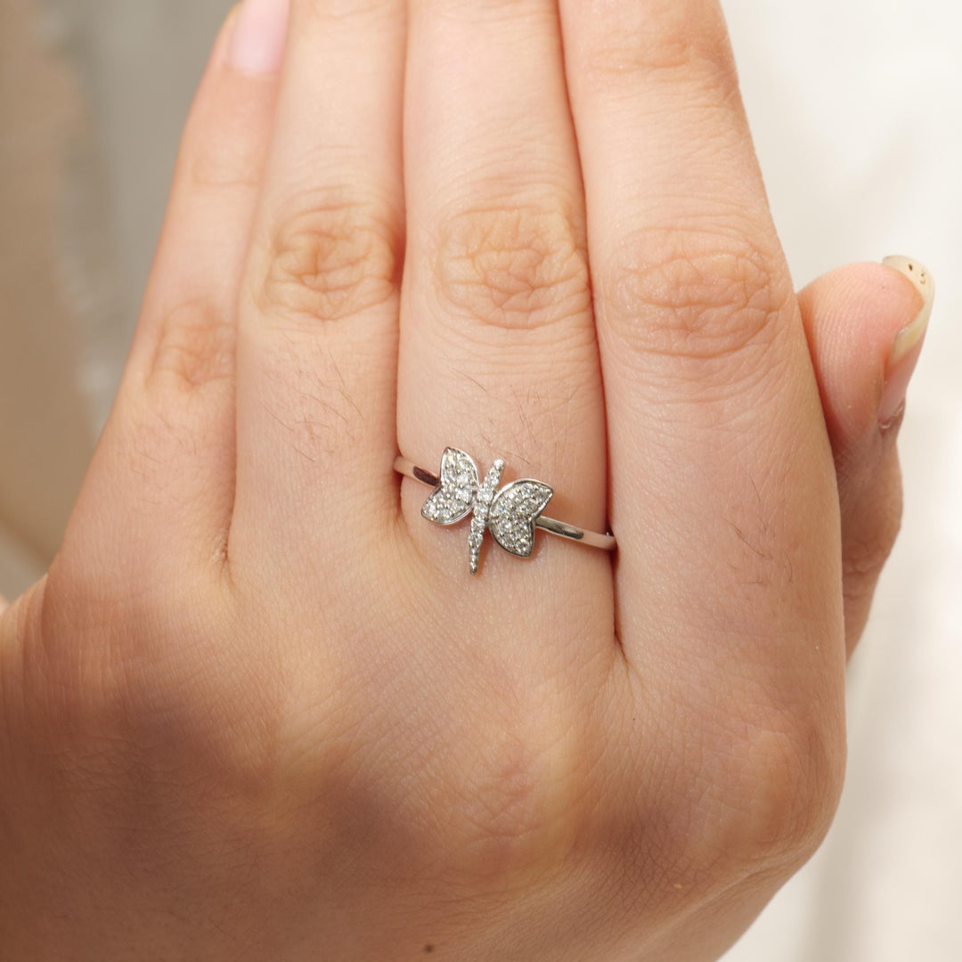 Dragonfly Diamond Ring, 14k Solid Gold, Natural Diamonds, Animal Ring, Insect Jewelry, Everyday Stackable Jewelry, Ready To Ship