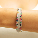 Load image into Gallery viewer, Rainbow Gemstone Natural Diamond Broad Bridal Bracelet: 14k Solid Gold Cluster Cocktail Bangle Jewellery, Certified Jewelry