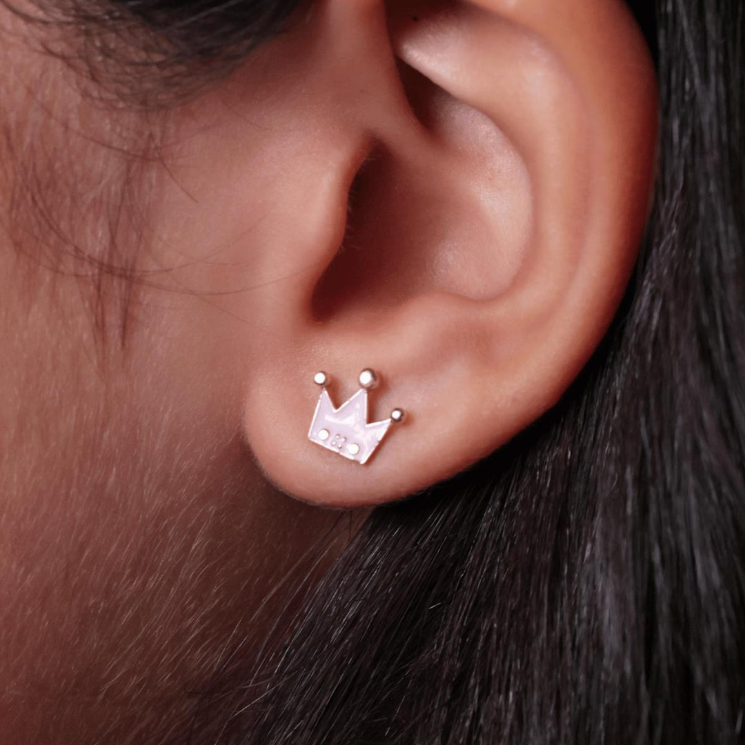 Diamond Crown Kids Earrings, Pink Enamel Studs, 14k Solid Gold, Natural Diamonds, Everyday jewelry, Gift for toddlers/girls, Ready To Ship