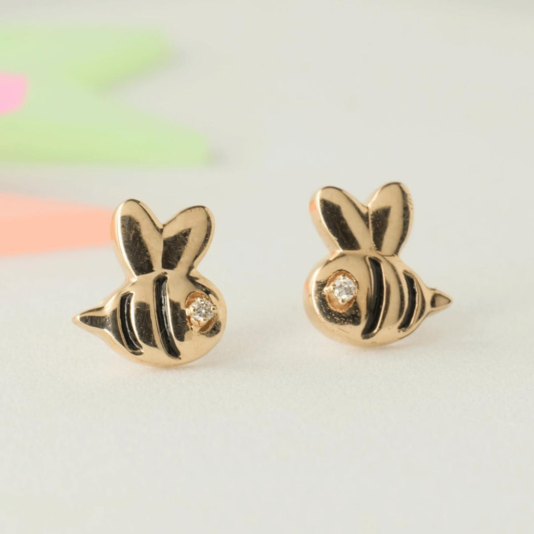 Bee Diamond Stud Earrings, 14k Solid Gold, Natural Diamond, Kids Jewelry, Enamel Everyday Earring, Gift For Toddler, Kids And Girls