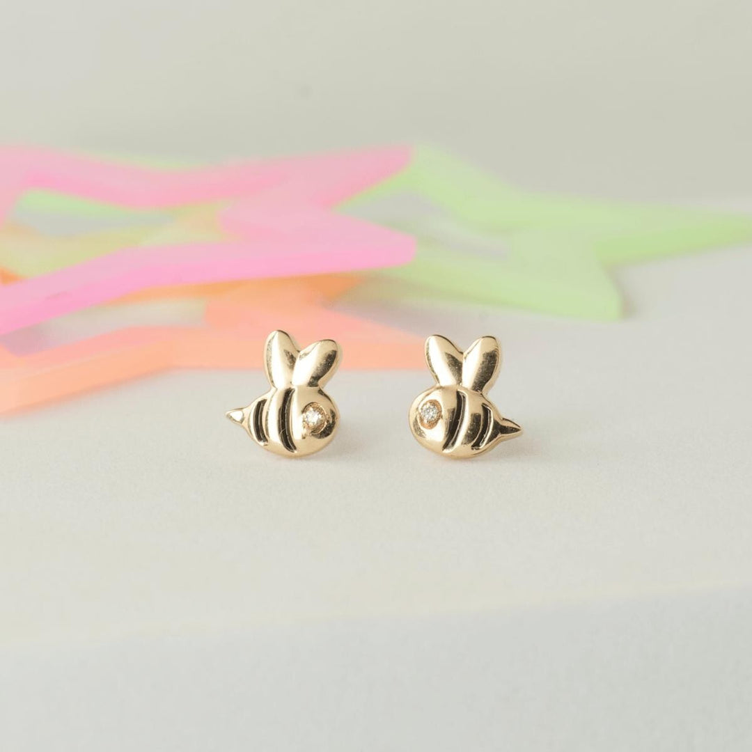 Bee Diamond Stud Earrings, 14k Solid Gold, Natural Diamond, Kids Jewelry, Enamel Everyday Earring, Gift For Toddler, Kids And Girls