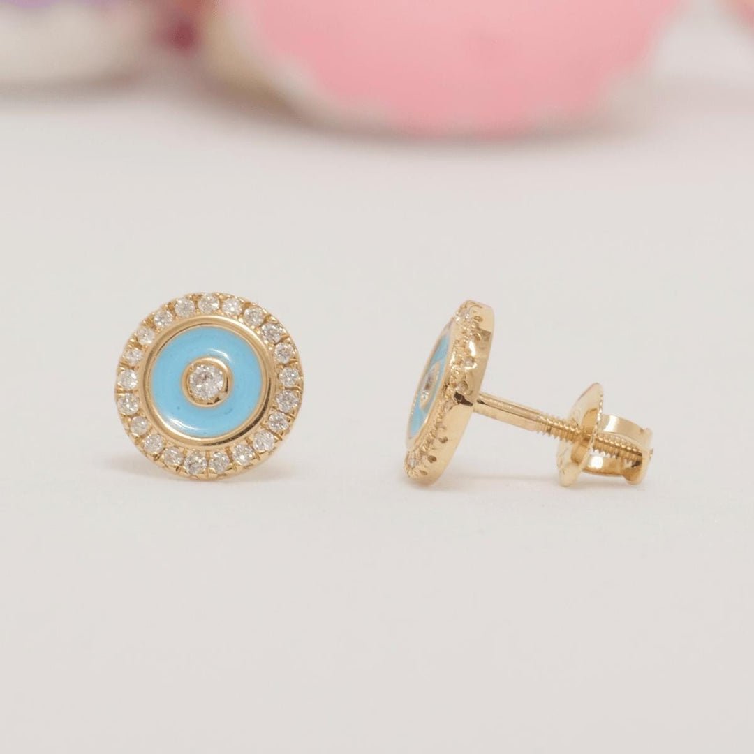 Evil Eye Diamond Kids Earrings, 14k Solid Gold Enamel Studs, Natural Diamond, Everyday jewelry, Gift for girl, Ready To Ship, HRD Certified