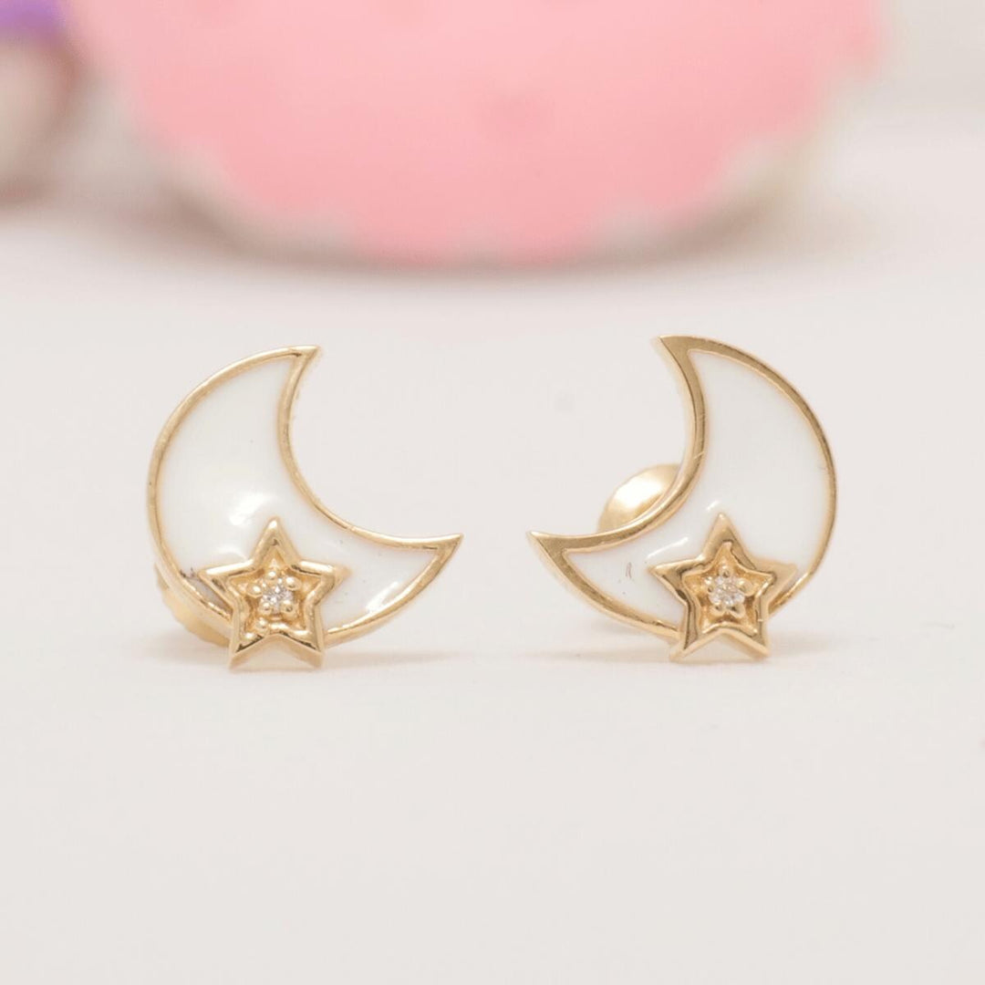 Moon and Star Diamond Kids Earrings, 14k Solid Gold, Natural Diamond, Minimalist Celestial Enamel Jewelry, Gift for toddlers, girls, and kid
