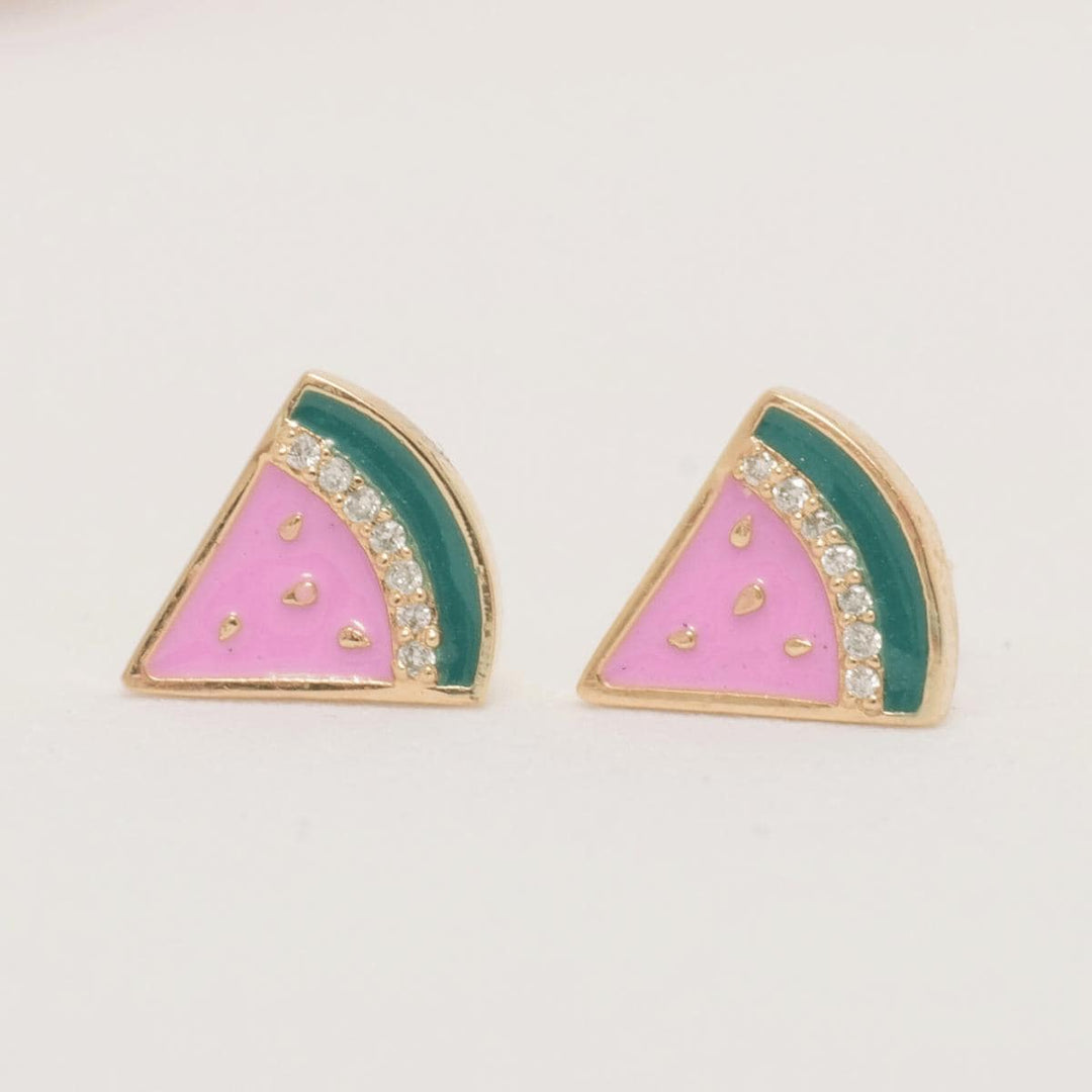 Kids Watermelon Diamond Earrings, 14k Solid Gold, Colorful Enamel Studs, Natural Diamonds, Gift for toddlers/girls/kids, Ready To Ship