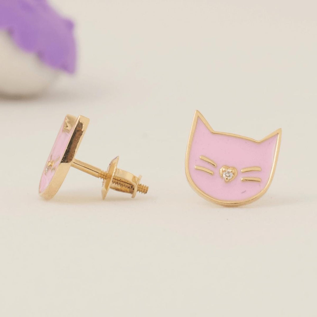 Kids Cat Diamond Earrings, 14k Solid Gold, Pink Enamel Studs, Natural Diamonds, Everyday Jewelry, Gift for toddlers/girls, Ready To Ship