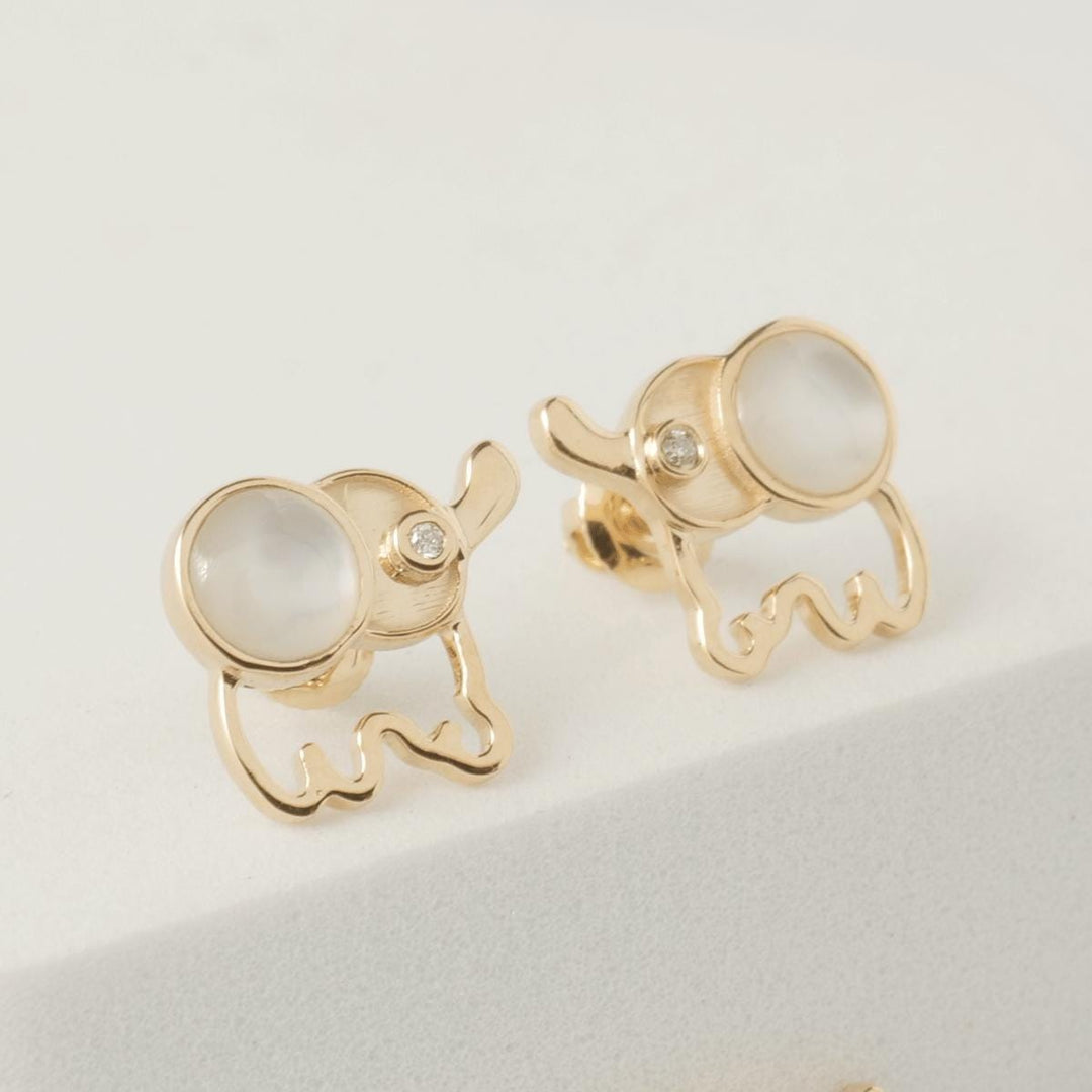 Kids Elephant Diamond Earrings, 14k Solid Gold, Natural Diamonds, Mother of Pearl Jewelry, Everyday Gift for toddlers/girls, Ready To Ship