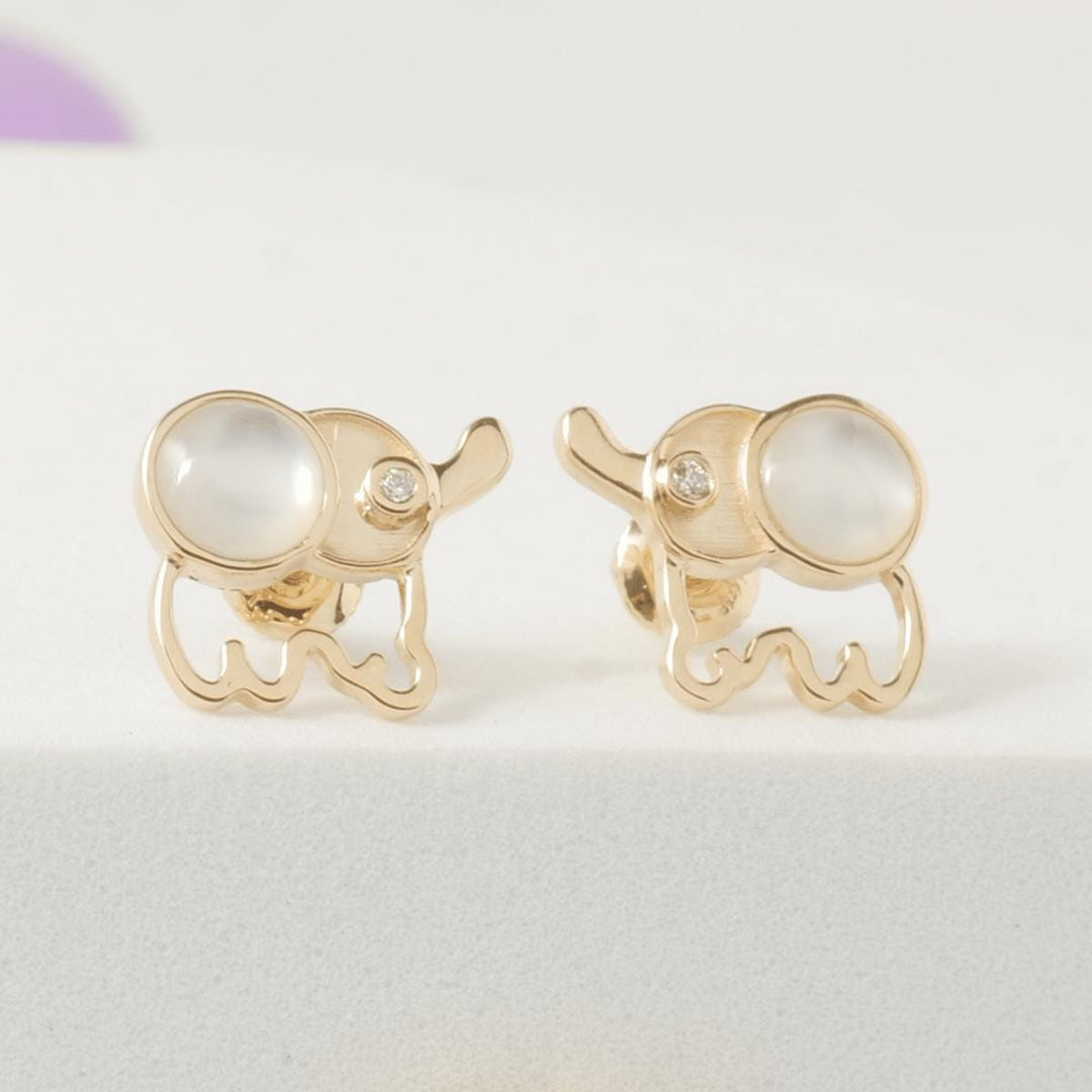 Kids Elephant Diamond Earrings, 14k Solid Gold, Natural Diamonds, Mother of Pearl Jewelry, Everyday Gift for toddlers/girls, Ready To Ship
