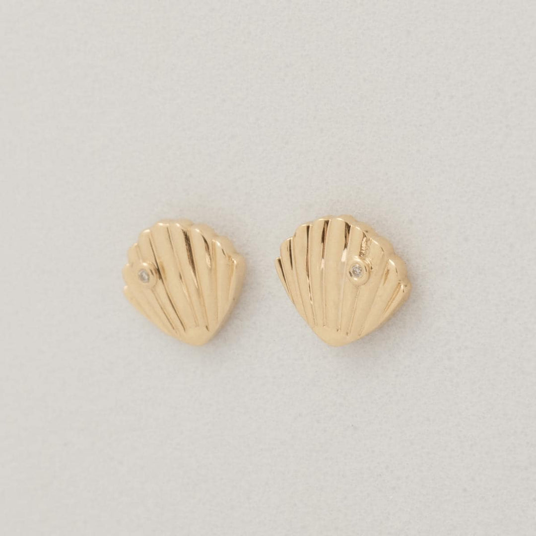 Seashell Diamond Kids Earrings, 14k Solid Gold, Natural Diamond, Minimalistic Everyday Studs, Ocean Jewelry, Gift for toddlers, girl and kid