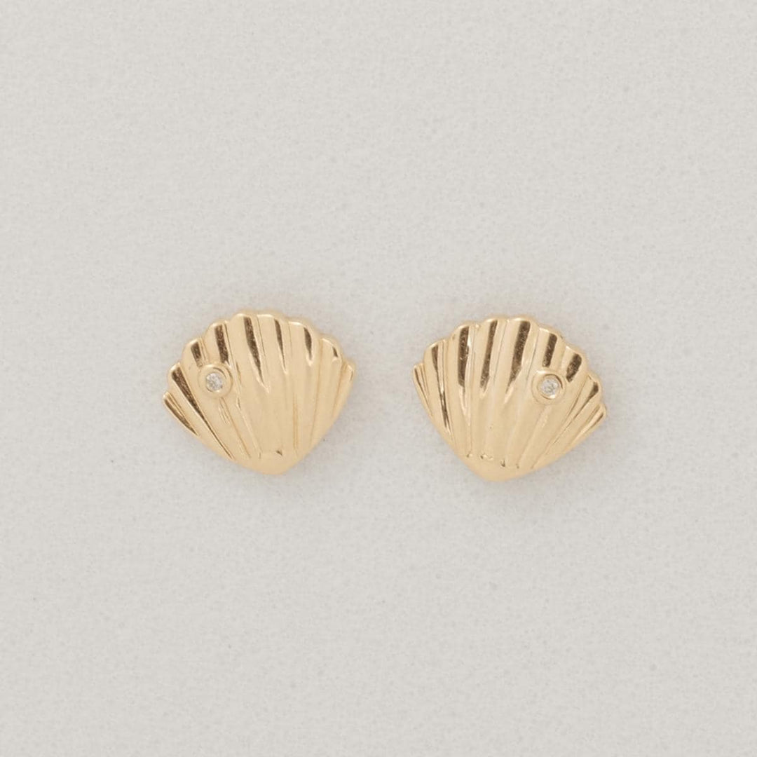 Seashell Diamond Kids Earrings, 14k Solid Gold, Natural Diamond, Minimalistic Everyday Studs, Ocean Jewelry, Gift for toddlers, girl and kid