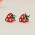 Load image into Gallery viewer, Strawberry Diamond Kids Studs, 14k Solid Gold, Natural Diamond, Enamel Fruit Earrings, Everyday Jewelry, Gift for toddlers, girls and kids