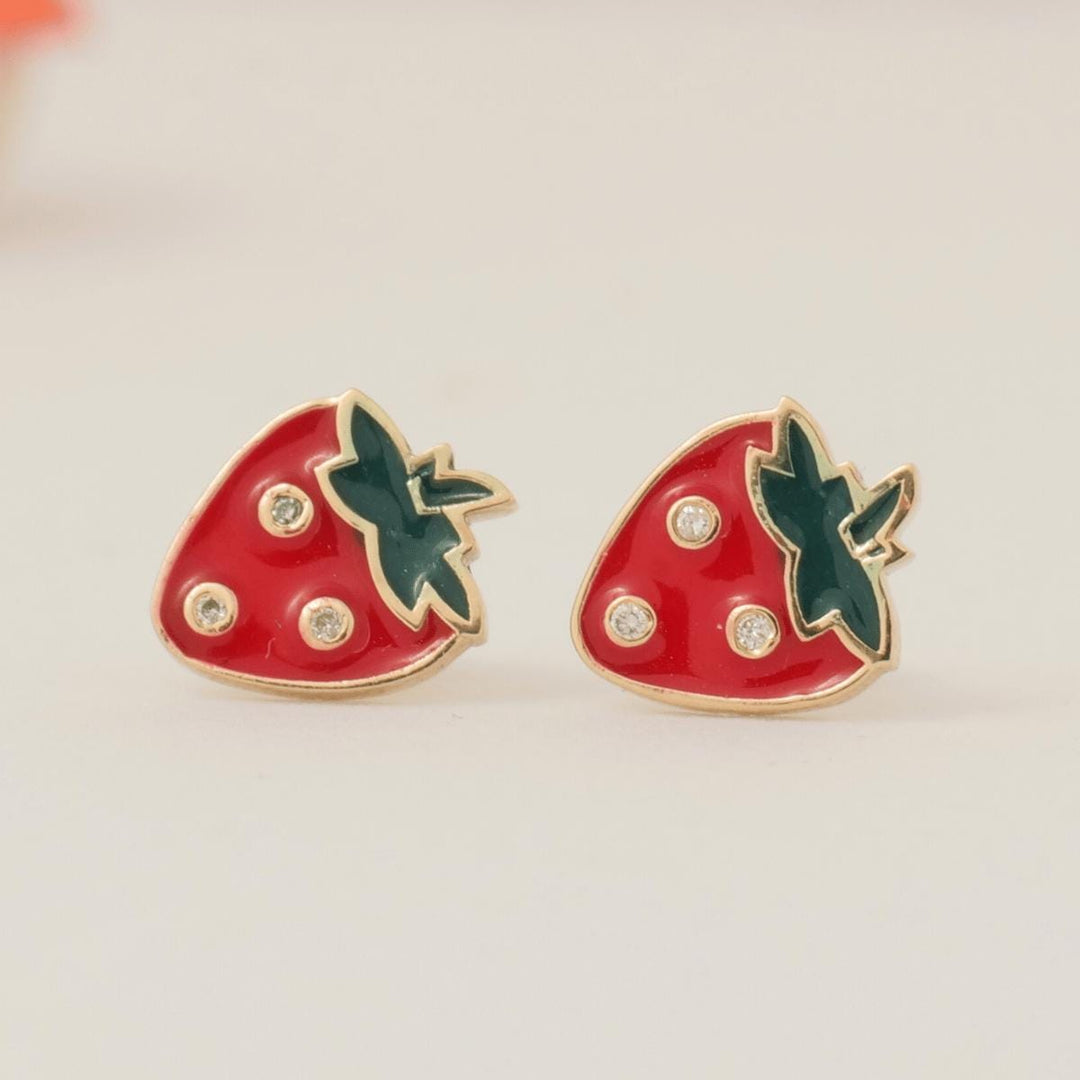 Strawberry Diamond Kids Studs, 14k Solid Gold, Natural Diamond, Enamel Fruit Earrings, Everyday Jewelry, Gift for toddlers, girls and kids