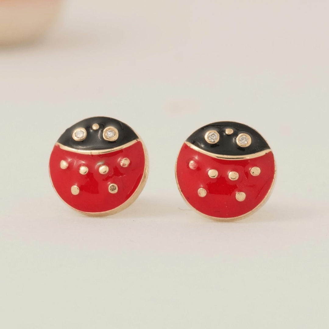 Kids Ladybug  Diamond Earrings, 14k Solid Gold, Natural Diamonds, Enamel Insect Stud Jewelry, Gift for toddlers/girls/ kids, Ready To Ship