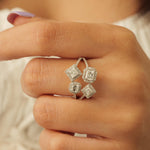 Load image into Gallery viewer, Diamond Open Cuff Ring, 14K Solid Gold, Quad Princess Cut Natural Diamonds, Halo Statement Ring, Proposal Cocktail Jewelry, Gift For Her