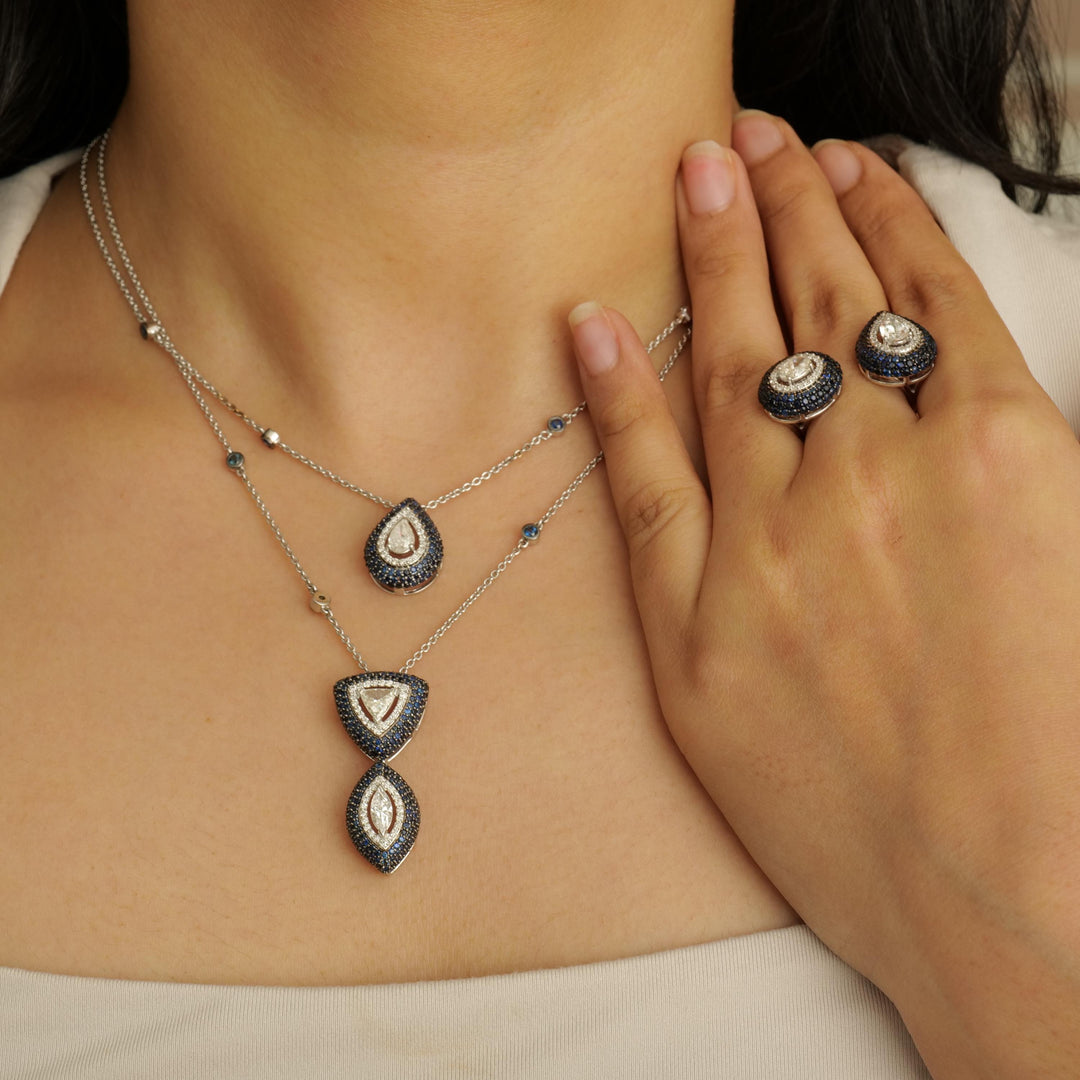 Fancy Diamonds Pendant Necklace with Blue Sapphires, 14k Solid Gold, Natural Diamonds, Ready To Ship, Women's Day Gift