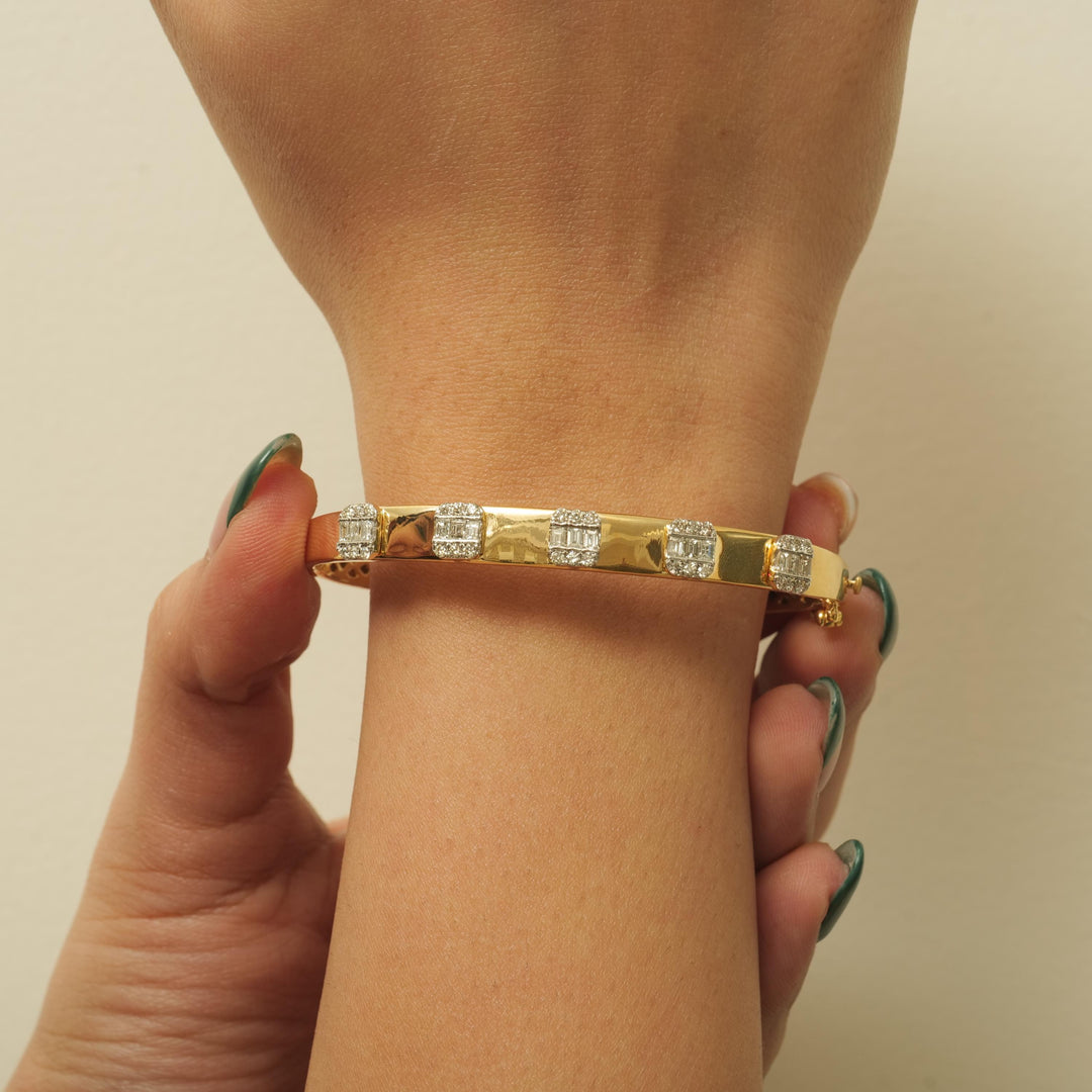 Bar Diamond Bangle Bracelet, 14k Solid Gold, Natural Diamonds, Baguette Illusion Set Cuff, Geometric Cluster Statement Bracelet