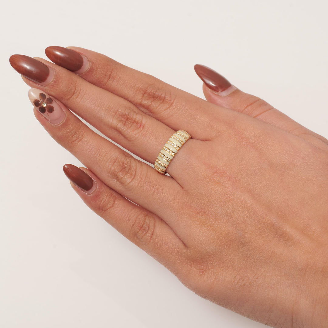 Enamel Diamond Band Ring, 14k Solid Gold, Natural Diamonds, Minimalist Striped Stackable Rings, Everyday Statement Jewelry, Gift For Her