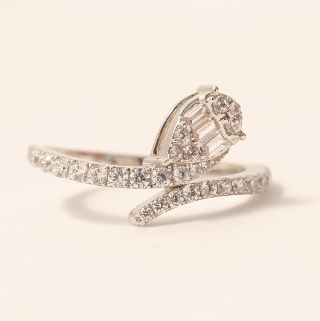 Leaves Diamond Ring, Split Shank, 14k Solid Gold, Natural Diamond, Round & Baguette Wrap Band, Statement Bypass Ring, Gift For Her