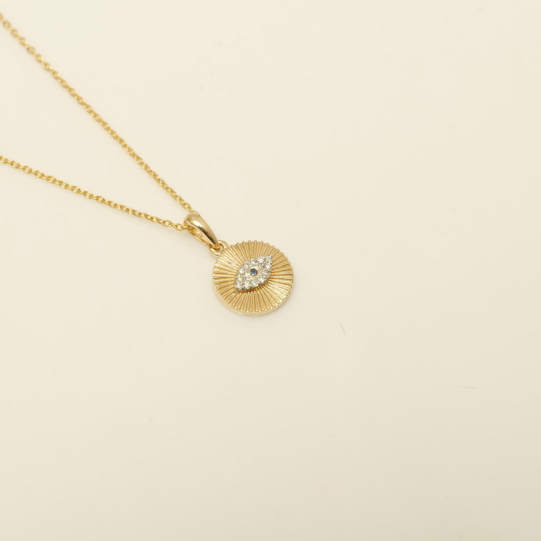 Evil Eye Medallion Diamond Pendant Necklace, 14k Solid Gold, Natural Diamonds, Sunburst Pendant, Everyday Stacking Jewelry, Gift for Her