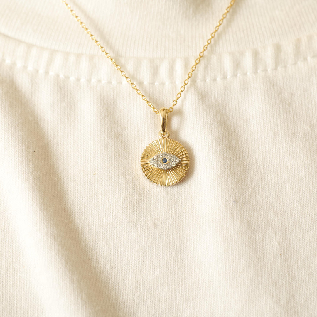 Evil Eye Medallion Diamond Pendant Necklace, 14k Solid Gold, Natural Diamonds, Sunburst Pendant, Everyday Stacking Jewelry, Gift for Her