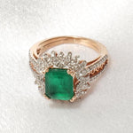 Load image into Gallery viewer, Emerald Diamond Halo Ring, 14k Solid Gold, Natural Diamonds, Birthstone Filigree Gemstone Ring, Cocktail Statement Ring, Ready To Ship