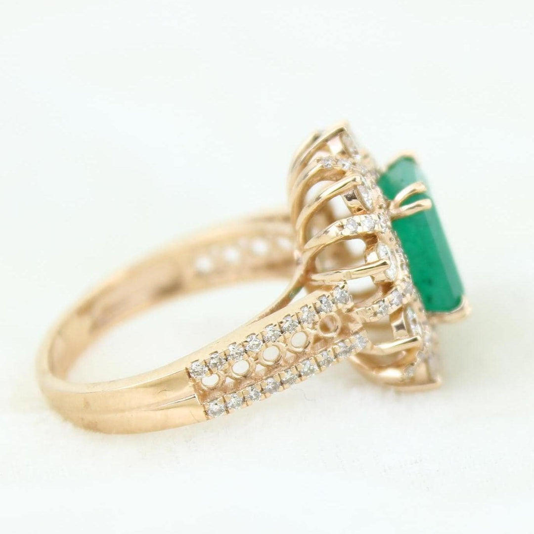 Emerald Diamond Halo Ring, 14k Solid Gold, Natural Diamonds, Birthstone Filigree Gemstone Ring, Cocktail Statement Ring, Ready To Ship