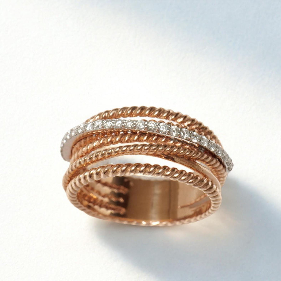 Twist Diamond Broad Band Ring, 14K Solid Gold, Criss Cross Ring, Natural Diamonds, Dual Tone Stackable Ring, Ready To Ship, Women's Day Gift