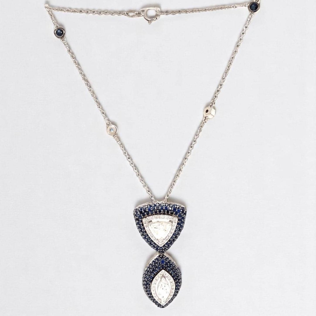 Fancy Diamonds Pendant Necklace with Blue Sapphires, 14k Solid Gold, Natural Diamonds, Ready To Ship, Women's Day Gift