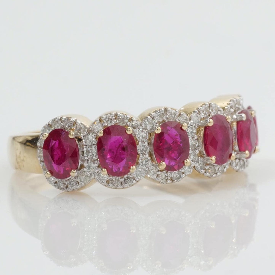 Oval Ruby Halo Diamond Ring, 14k Solid Gold, Natural Diamond, Half Eternity Band, Gemstone Cocktail Ring, Two Tone Wedding Statement Ring