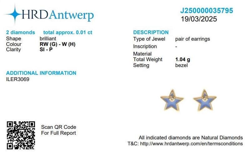 Star Diamond Kids Earrings, 14k Solid Gold Enamel Studs, Natural Diamonds, Everyday jewelry, Gift for girls, Ready To Ship, HRD Certified